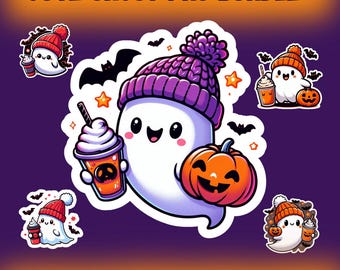 Pacchetto di adesivi PNG di Halloween con simpatici fantasmi e caffè (download digitale)