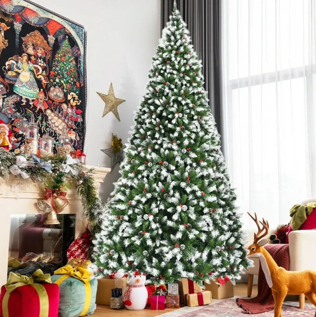 Costway 9foot Prelit Snowy Christmas Tree 2058 With Red Etsy