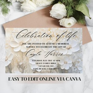 faire-part funéraire floral blanc | Modèle de toile | Célébration de la vie de Zazzle.be Liste d'envies Vous avez des idées ? Invitation commémorative modifiable | Fleurs blanches | Télécharger maintenant