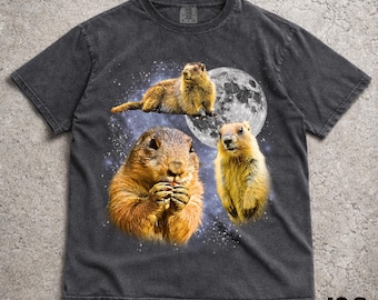Drei Murmeltier Retro Grafik Tshirts, Vintage Murmeltier Mond T-Shirt, lustiges Tier Shirt, übergroßes Präriehund T-Shirt, niedliches Nagetier Geschenk Tshirt