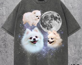 Camiseta blanca de tres lunas de Pomerania, camiseta suave para amantes de los perros, regalo de Pom Galaxy, top con estampado retro de lavado vintage, linda camiseta para dueño de Spitz