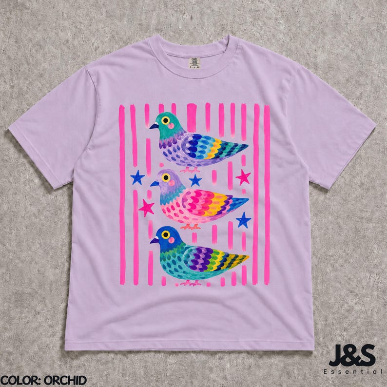 Camiseta de paloma colorida, camiseta con estampado de pájaro adorable, camiseta estilo cottagecore original, regalo divertido para amantes de las palomas, camiseta colorida con arte animal para mujer Orchid