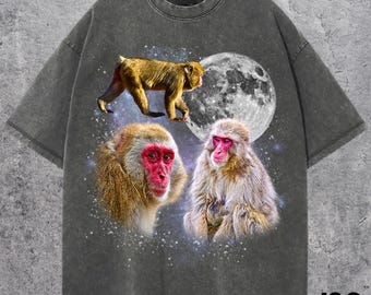 T-shirt rétro trois macaques japonais, t-shirt vintage lune singe des neiges, chemise graphique primate drôle, cadeau unique pour amoureux des animaux