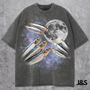 Three Sardines Retro Graphic T-shirts, Vintage Sardines Moon Tshirt, Sardine Shirt, Funny Tee, Oversized Washed Tee, Sardines Shirt, Sardine