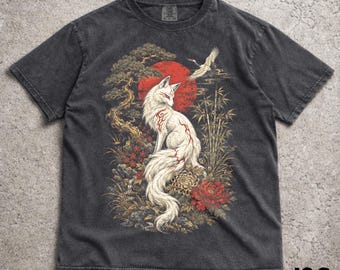 Japanese Fox Comfort Colors® Tshirt, Kitsune Graphic Tee, Vintage Japanese Art Fox Shirt, Floral Moon Fox Nature Aesthetic Gift