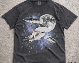 Three Hammerhead Shark Retro Graphic T-shirts, Vintage Shark Moon Tshirt, Hammerhead Shirt, Funny Tee, Oversized Washed Tee, Shark Shirt