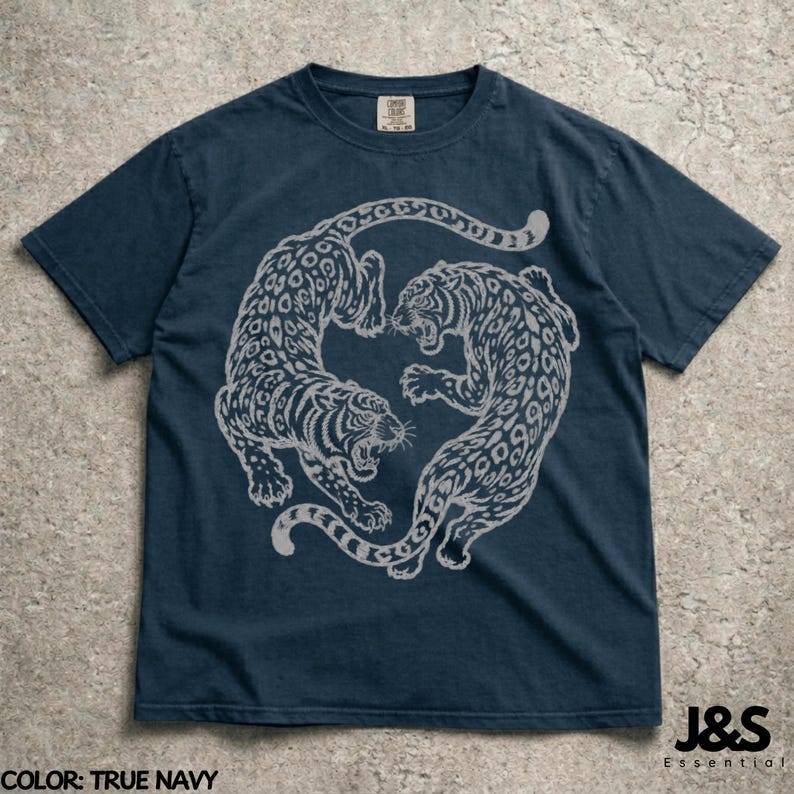 Vintage Snow Leopard Shirt, Japanese Snow Leopard Tee, Red Wild Cat Graphic Tee, Retro Tattoo Style Shirt, Minimalist Streetwear Tshirt True Navy