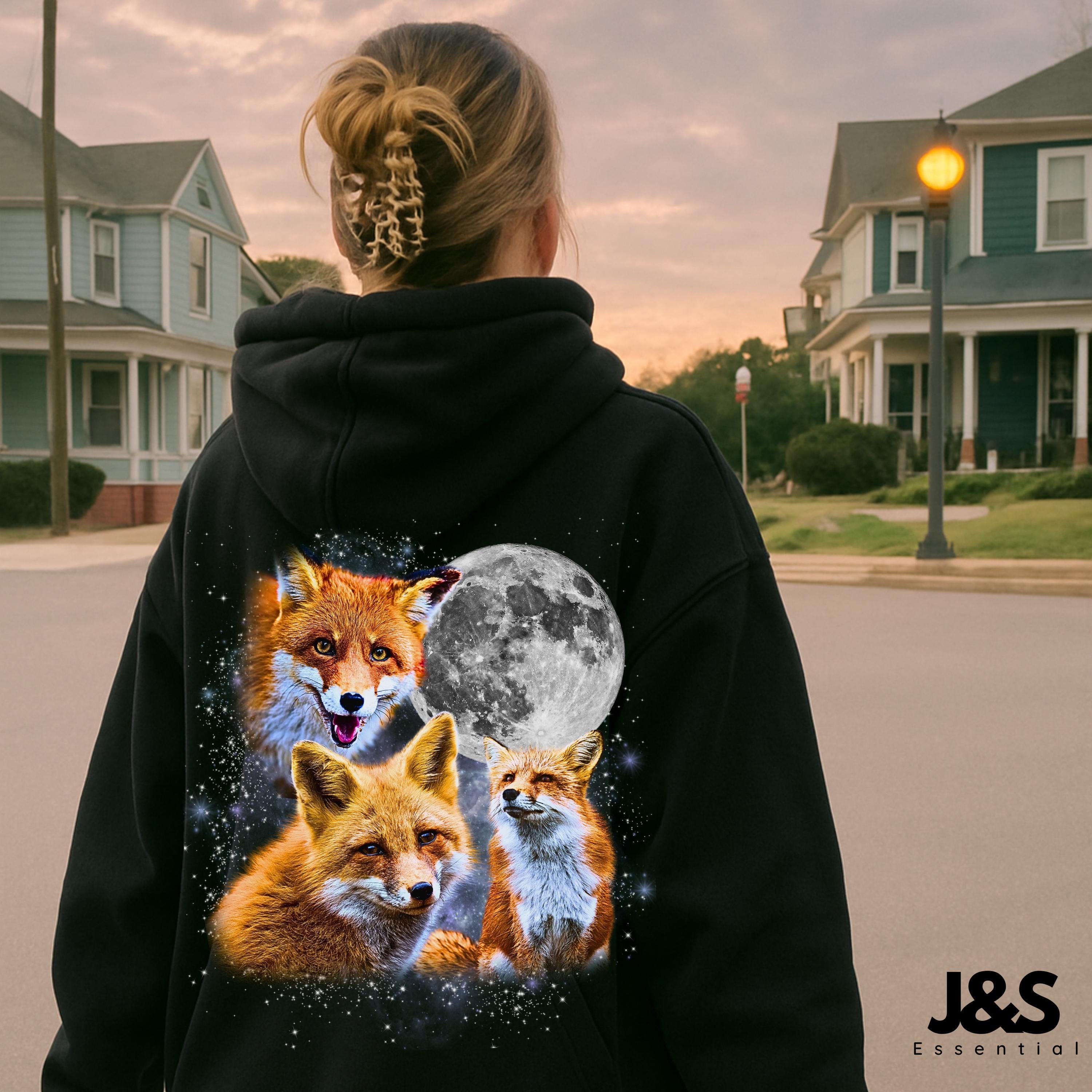 Three Fox Retro Graphic Hoodie, Red Fox Moon Hoodie, Fox Lovers