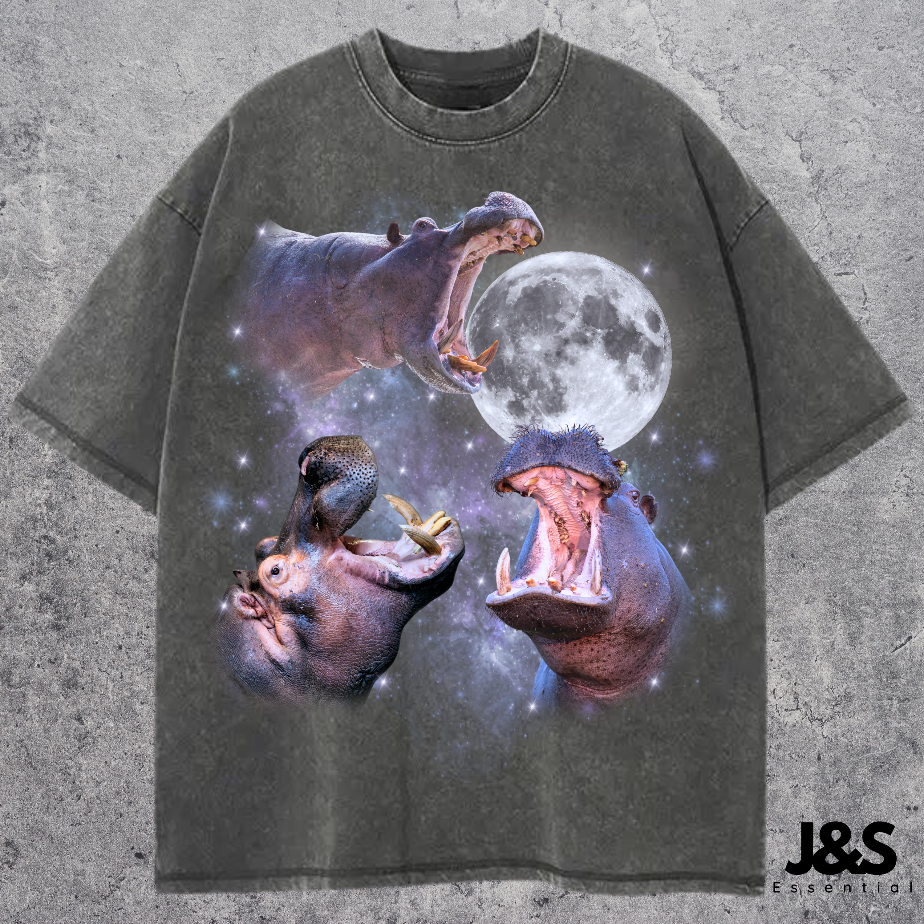 トップス hippo Three Hippo Retro Graphic T-shirts, Vintage Hippo Moon Tshirt