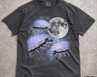 Three Deep Sea Isopod Moon-shirt, grappig jaren 90 Vintage Aesthetic Giant Isopod-T-shirt, Retro Comfort Colors® Bathynomus-top, ironisch Wolf Moon-T-shirt