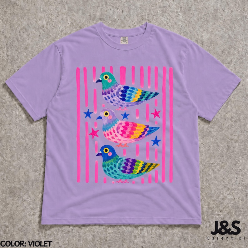 Camiseta de paloma colorida, camiseta con estampado de pájaro adorable, camiseta estilo cottagecore original, regalo divertido para amantes de las palomas, camiseta colorida con arte animal para mujer Violet