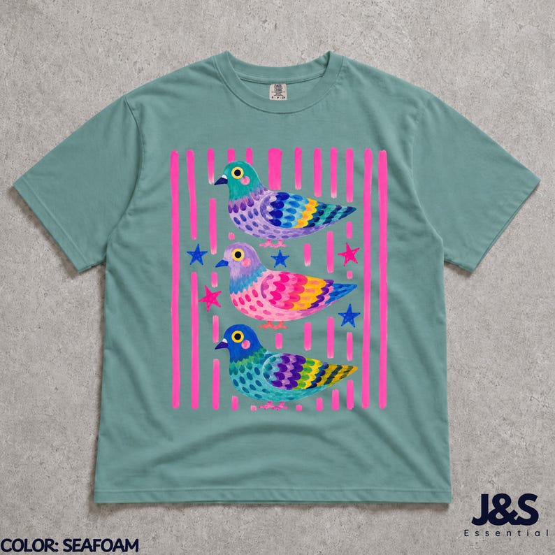 Camiseta de paloma colorida, camiseta con estampado de pájaro adorable, camiseta estilo cottagecore original, regalo divertido para amantes de las palomas, camiseta colorida con arte animal para mujer Seafoam
