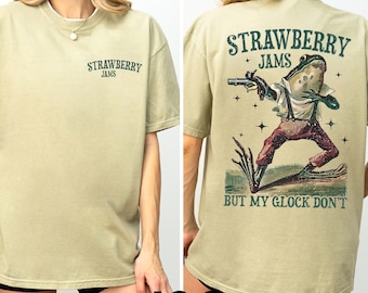 Strawberry Jams But My Glock Don&#39;t Vintage Graphic T-Shirt, Retro Frog Shirt, Oversized Shirt, Glock Gift, Oversized T-Shirt, Boho Frog Tee
