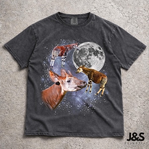 Three Okapi Retro Graphic T-shirts, Vintage Okapi Moon Tshirt, Okapi Lovers, Funny Okapi Tee, Oversized Washed Tee, Silly Gift, Okapis
