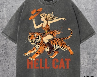 ヴィンテージ カウガール ヘル キャット T シャツ - レトロ カウガール ウエスタン シャツ - 美的 T シャツ - タイガー シャツ - おもしろいトレンディ シャツ - 彼女や彼へのギフト
