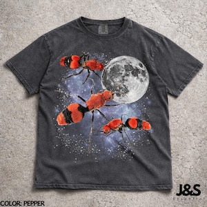 Tre röda myror i sammet, rolig sammet, insektsgrafik, vintage-t-shirt med måne, gåva för insektälskare