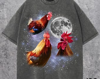 Drei Hahn Retro grafische T-Shirts, Weinlese-Hahn-Mond-T-Shirt, Hahn-Liebhaber, lustiges Hahn-T-Stück, übergroßes gewaschenes T-Stück, Hahn-Weinlese