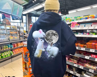 Sudadera con capucha de tres conejos y luna, sudadera con conejito adorable, sudadera con estampado de conejo divertido, suéter vintage de animales, regalo para amantes de los conejos de luna llena