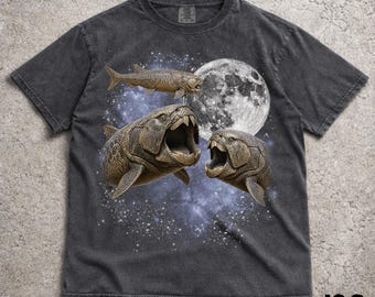 Three Dunkleosteus Moon Shirt, Ancient Fish Lover Tee, Funny Dunkleosteus Galaxy Gift, Vintage Wash Retro Graphic Top, Prehistoric Sea Gift