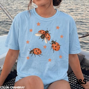 Vintage 90s Ladybug Shirt, Retro Star Graphic Tee, Ladybird Aesthetic Top, Comfort Colors® Nature Lover Gift, Artistic Y2K Cottagecore Bug Chambray