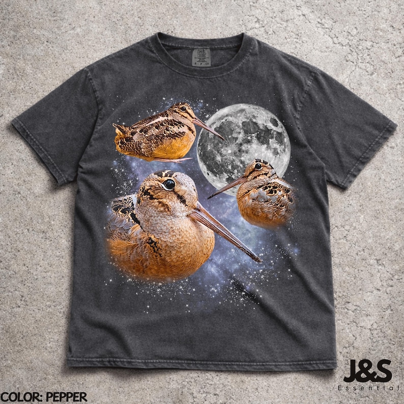Three Meep Bird American Woodcock Moon Shirt, Vintage Timberdoodle Galaxy Tee, Retro Cosmic Woodcock Graphic Top, Birder Gift, Pepper