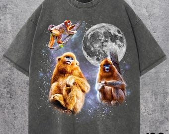 May include: Dark grey t-shirt with a graphic of three golden snub-nosed monkeys and a full moon. The monkeys are set against a starry space background. The shirt has a relaxed fit.