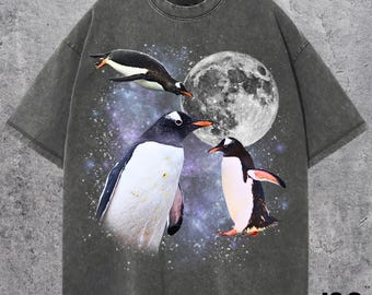 Tre Gentoo-pingviner Retro-grafik T-shirt, Vintage Moon Bird-T-shirt, Rolig pingvin-T-shirt, Vilda djur-grafik T-shirt, Unik djurälskare-gåva