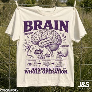 Può includere: Una t-shirt a maniche corte color avorio con una stampa grafica viola raffigurante un cervello umano, un teschio e un neurone. Il design include etichette come Cerebrum, Cerebellum e Brain Stem, oltre a un diagramma sulla risposta corporea.