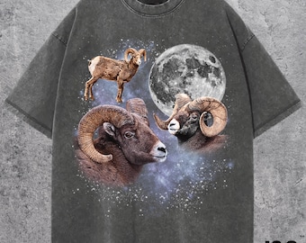 Three Bighorn Sheep Moon Shirt, Vintage Ram Galaxy Tee, Retro Cosmic Mountain Sheep Graphic Top, Wildlife Lover Gift, Space Animal Tshirt