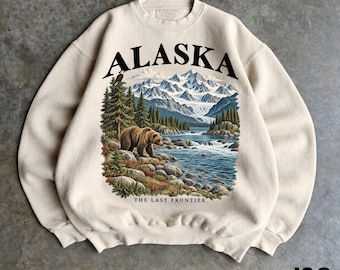 Vintage 90s Alaska Sweatshirt, Retro Alaskan Grizzly Bear Mountain Crewneck, Wilderness Nature Wildlife Sweater, Hiking Camping Outdoor Gift