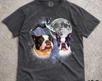 Drei Boston Terrier Mond Shirt, Boston Terrier Galaxy T-Shirt, Weltraumhundeliebhaber Top, kosmisches Haustier Design, Geschenk für Boston Terrier Besitzer