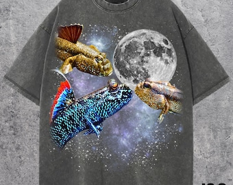 Drei Schlammspringer Retro Grafik-T-Shirt, Vintage Fisch Mond Hemd, lustiges Schlammspringer-T-Shirt, übergroßes gewaschenes Tieroberteil, cooles aquatisches Geschenk