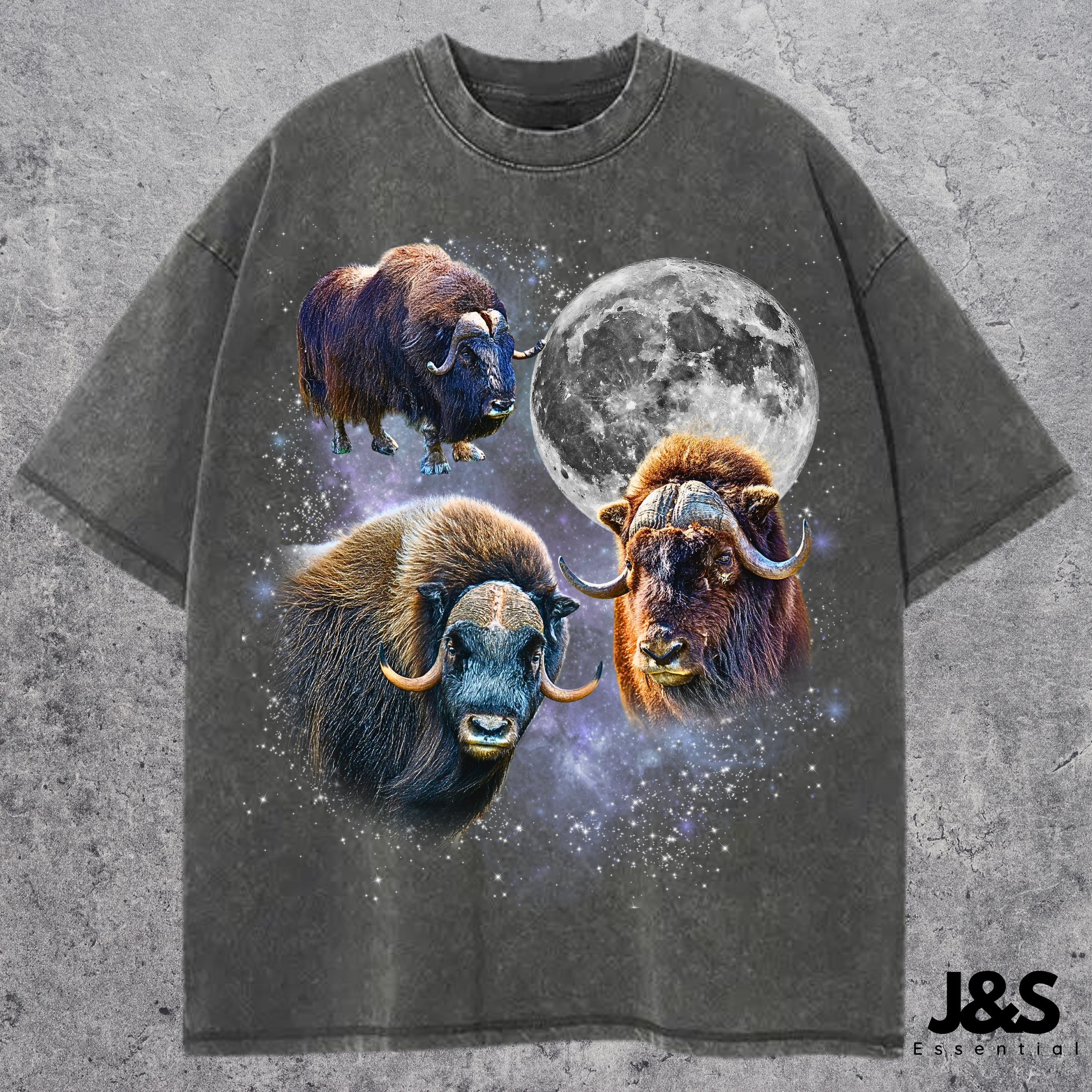 Three Musk Ox Retro Graphic T-shirt, Vintage Muskox Moon Shirt
