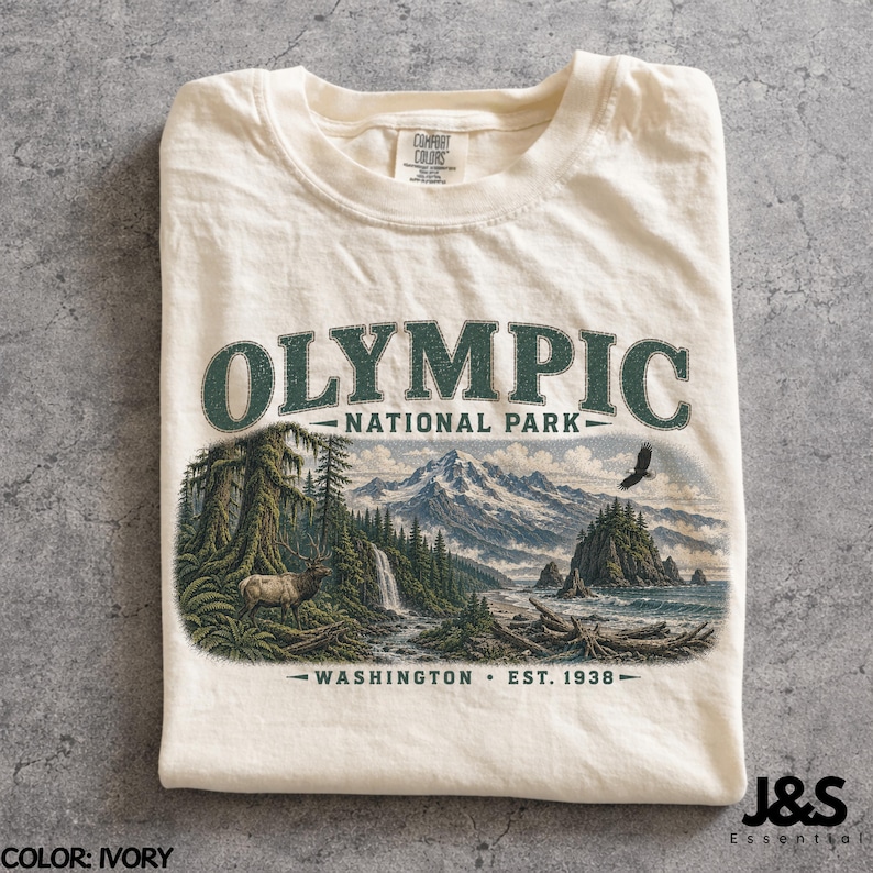 Camiseta del Parque Nacional Olímpico, camiseta de montaña costera de Washington, camiseta vintage de senderismo en la naturaleza, regalo de aventura del noroeste del Pacífico Ivory