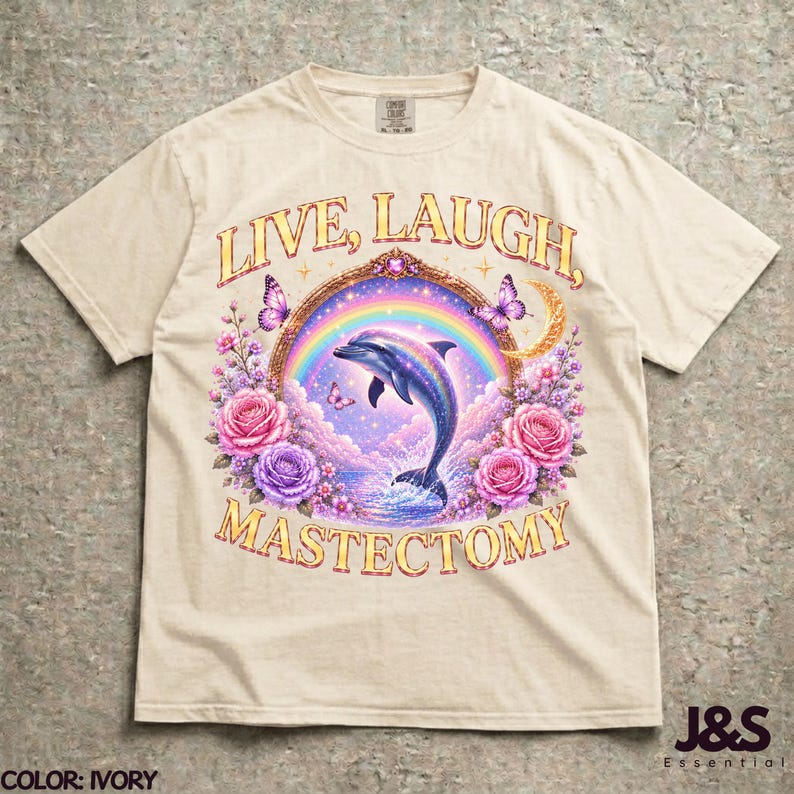 Live Laugh Mastektomie T-Shirt, lustiges medizinisches Humor Grafik T-Shirt, Surreal Delfin Kunst Shirt, Brustkrebs Bewusstseins Geschenk, kosmische Chirurgie Kunst Ivory