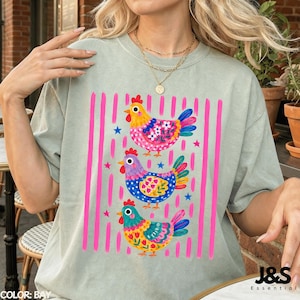 Colorful Chicken Tshirt, Floral Folk Art Hen Shirt, Cute Farm Animal Graphic Tee, Whimsical Comfort Colors Chicken Lover Gift Bay
