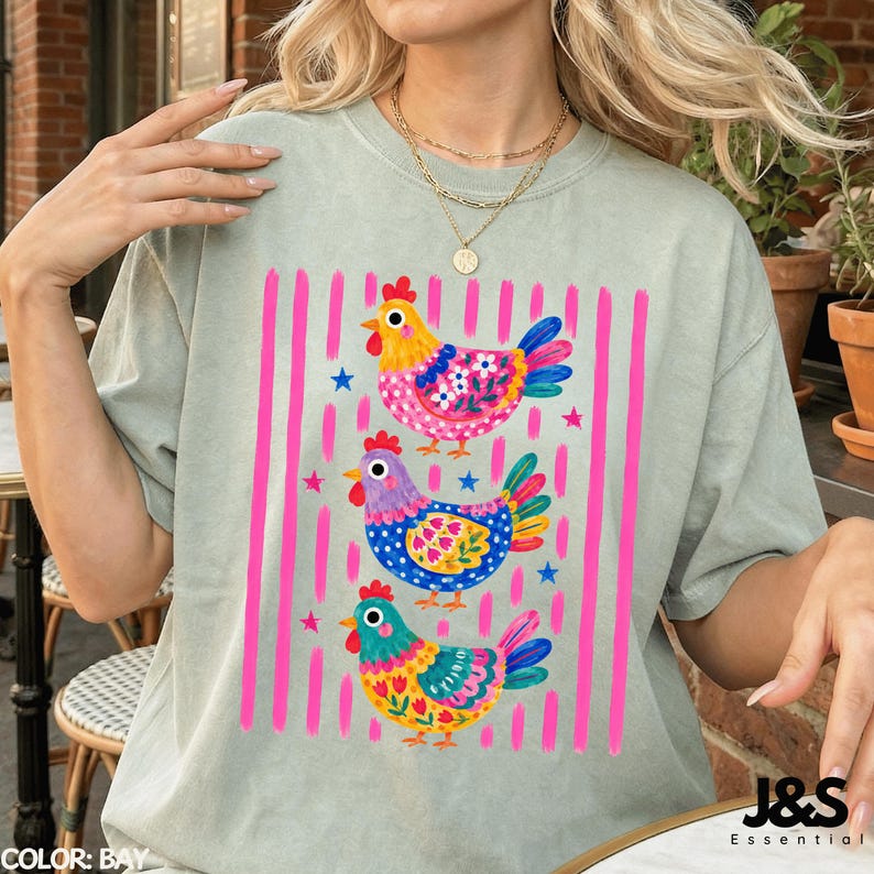 Colorful Chicken Tshirt, Floral Folk Art Hen Shirt, Cute Farm Animal Graphic Tee, Whimsical Comfort Colors Chicken Lover Gift Bay