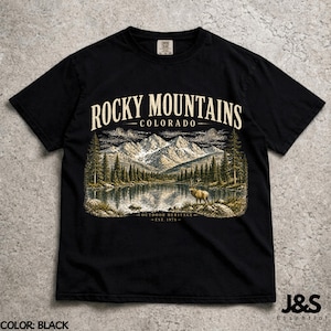 Vintage Rocky Mountains Colorado Shirt, Retro 90er Jahre Outdoor Erbe Grafik-T-Shirt, künstlerisches Elk-Natur-Top, Comfort Colors® Wandergeschenk Black