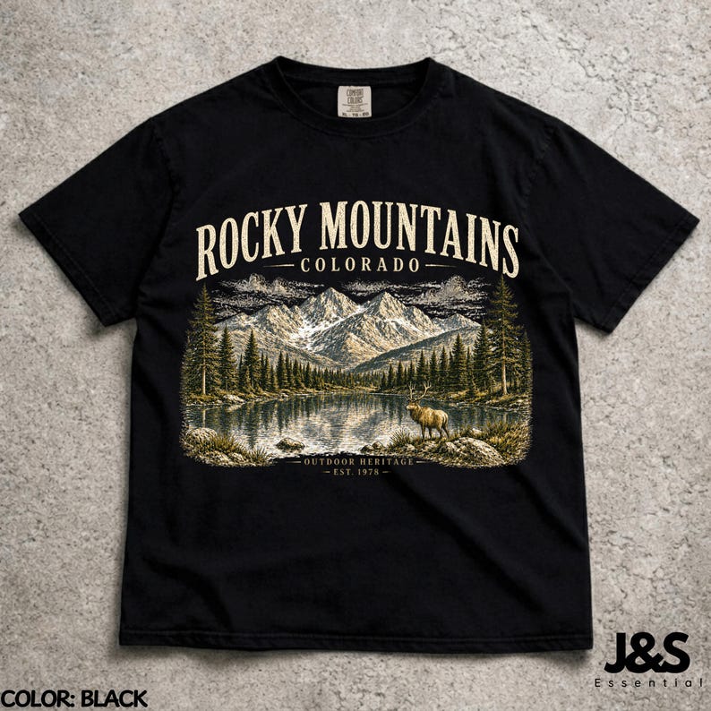 Vintage Rocky Mountains Colorado Shirt, Retro 90er Jahre Outdoor Erbe Grafik-T-Shirt, künstlerisches Elk-Natur-Top, Comfort Colors® Wandergeschenk Black