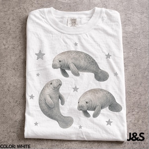 Maglietta vintage anni '90 con lamantino, maglietta grafica retrò con stella, top con estetica da mucca marina carina, regalo Comfort Colors® per gli amanti dell'oceano, stile artistico Y2K