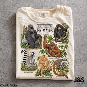 May include: An ivory t-shirt featuring a graphic print titled Field Guide to Primates. The design displays illustrations of a Western Lowland Gorilla, Chimpanzee, Bornean Orangutan, Ring-tailed Lemur, Golden Snub-nosed Monkey, and Emperor Tamarin.