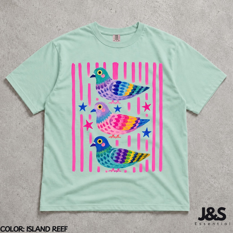 Camiseta de paloma colorida, camiseta con estampado de pájaro adorable, camiseta estilo cottagecore original, regalo divertido para amantes de las palomas, camiseta colorida con arte animal para mujer Island Reef