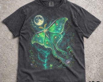 Luna Moth Full Moon T-Shirt, 90s Vintage Insect Graphic Tee, Retro Nature Lover Gift, Cottagecore Moon Moth Shirt, Galaxy Night Forest Art