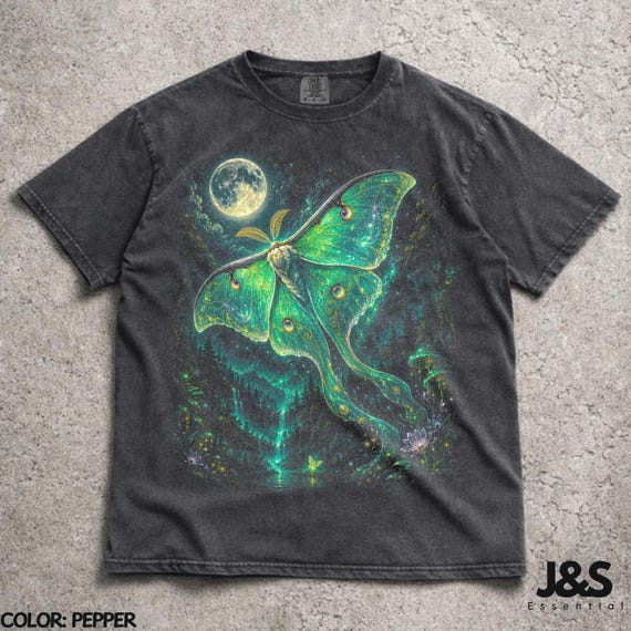 Luna Moth Full Moon T-Shirt, 90s Vintage Insect Graphic Tee, Retro Nature Lover Gift, Cottagecore Moon Moth Shirt, Galaxy Night Forest Art