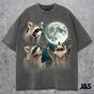 Three Raccoons Vintage Graphic T-shirts, Retro Raccoon Moon Tshirt, Raccoon Lovers, Funny Raccon Tee, Oversized Washed Tee, Raccoon Gifts