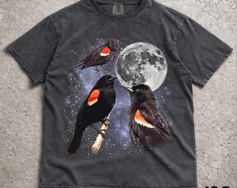 Three Red-Winged Blackbird Moon Shirt, Funny 90s Vintage Aesthetic Graphic Tee, Retro Comfort Colors® Bird Top, Ironic Wolf Moon Parody