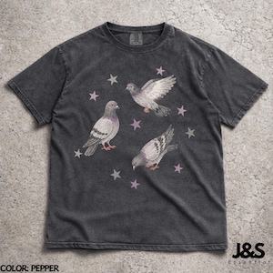 Maglietta vintage anni '90 con piccione, maglietta grafica retrò con stella, top estetico carino con colomba delle rocce, regalo Comfort Colors® per gli amanti degli uccelli di strada, stile artistico Y2K urbano Pepper