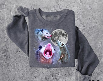 Moletom com três luas de gambá, presente engraçado para gambá, gola redonda para amantes de gambás, suéter vintage com tema de animais da galáxia, pulôver aconchegante para animais selvagens