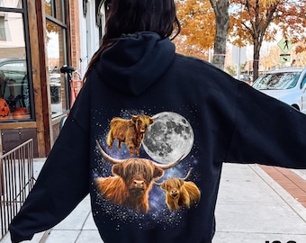 Sudadera con capucha Three Highland Cow Moon, jersey de ganado escocés, estampado de animales de granja, regalo country western, cómoda sudadera rústica de vaca
