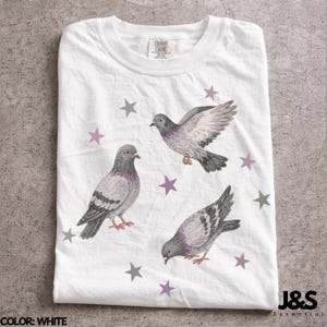 Maglietta vintage anni '90 con piccione, maglietta grafica retrò con stella, top estetico carino con colomba delle rocce, regalo Comfort Colors® per gli amanti degli uccelli di strada, stile artistico Y2K urbano White